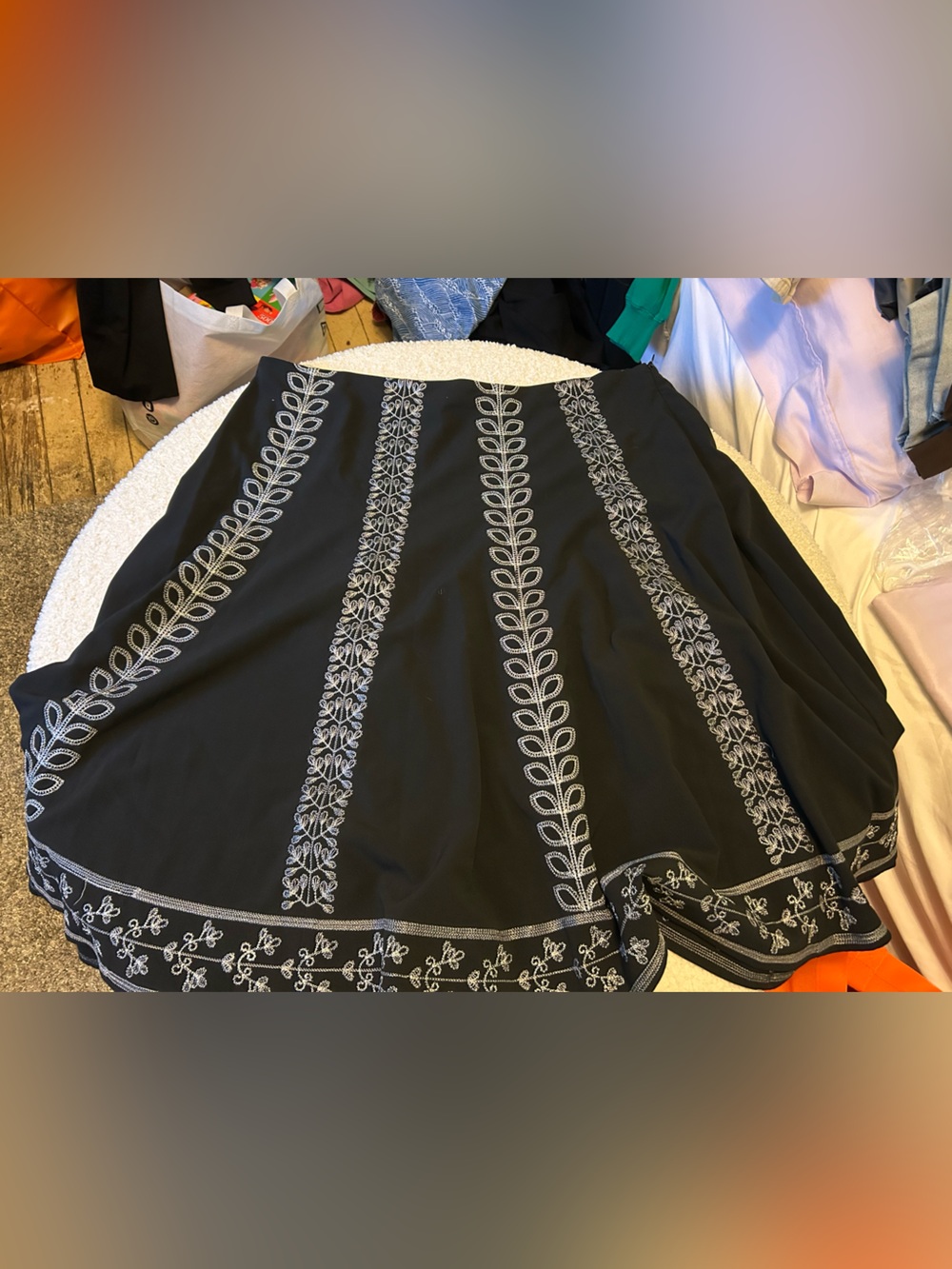 Sunny Leigh Black A-Line Skirt with White Embroidery